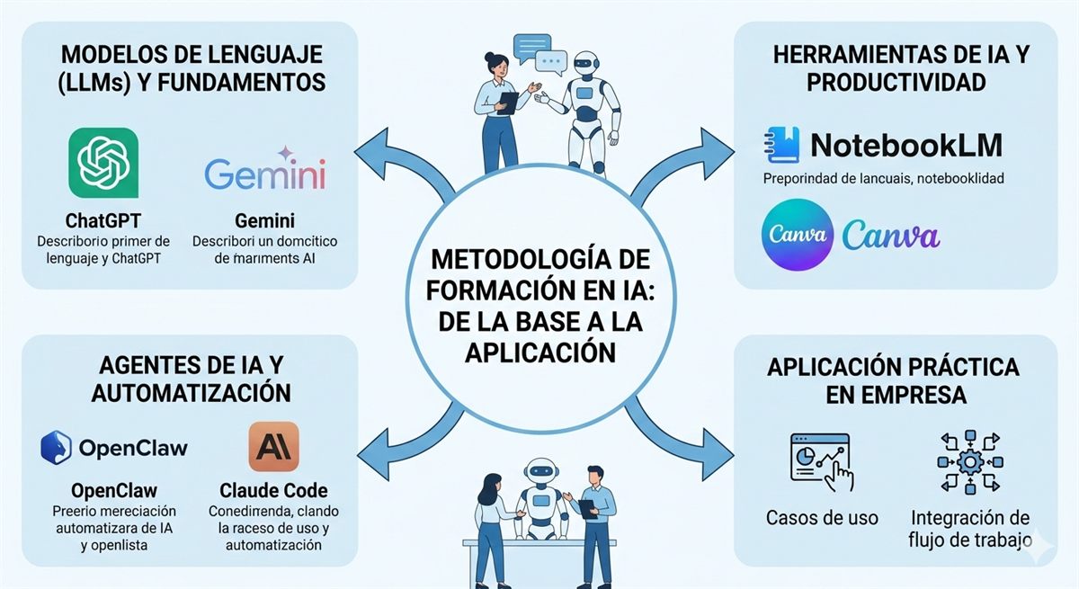 Diagrama de metodología formativa con sesiones, tareas y evaluación de evidencias.