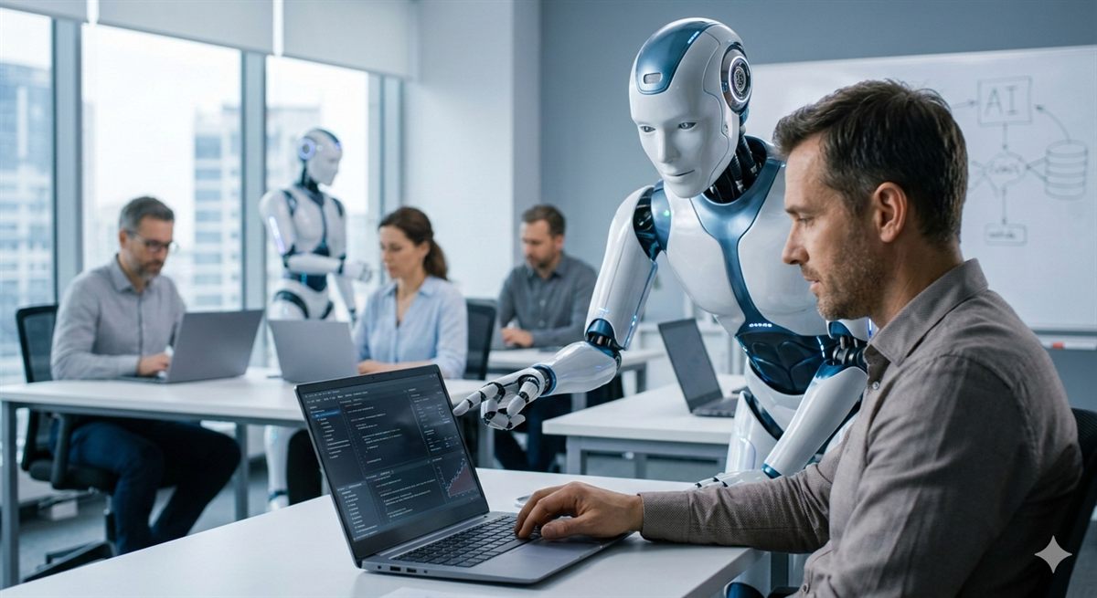 Docente virtual asistiendo a una profesional en entorno de formación IA.